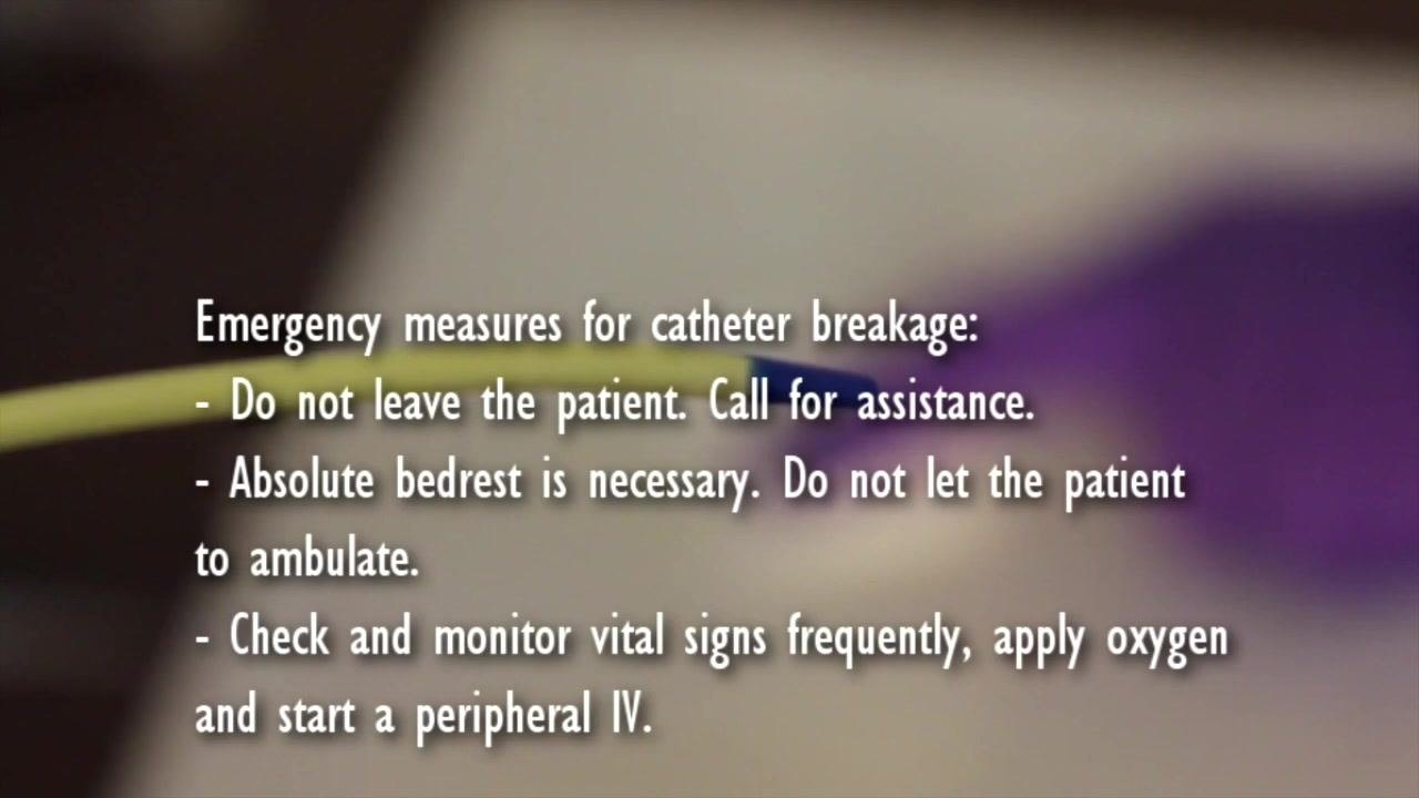 Close-up of a catheter with on-screen guidance stating that the MD and radiology must be consulted immediately, and that a shorter-than-expected catheter requires bed rest and a follow-up chest x-ray.