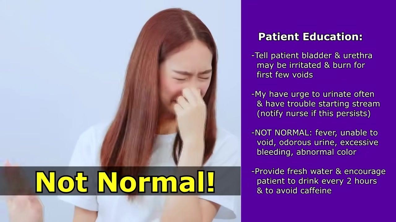 Person holding their nose in discomfort, with bold text reading Not Normal! next to Patient Education notes on abnormal findings and hydration advice