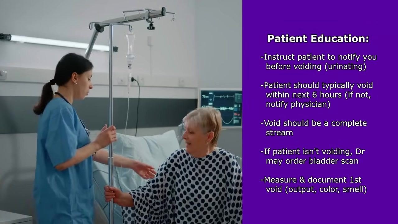 Nurse assisting an older patient with an IV pole in a hospital room, monitor in the background, next to Patient Education notes