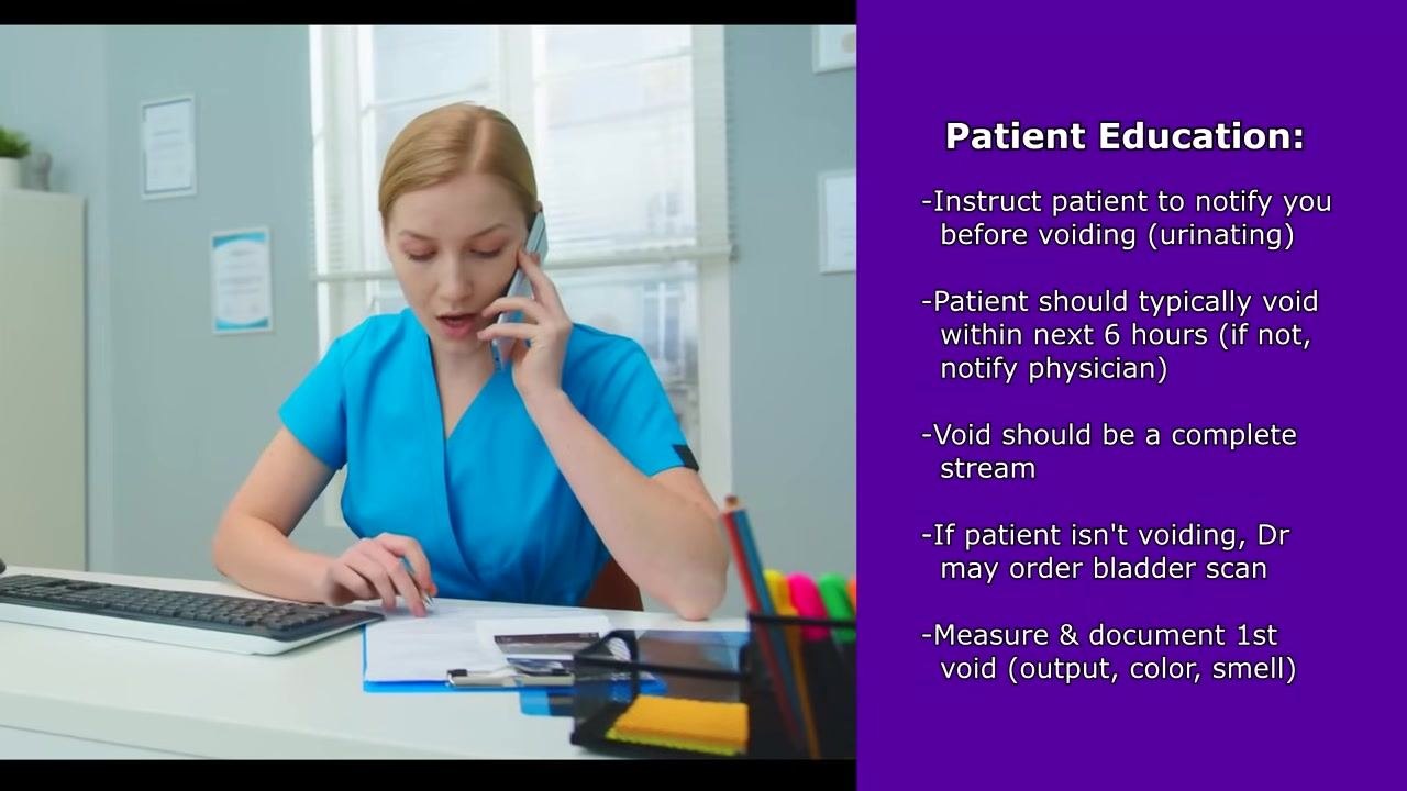 Nurse in blue scrubs on the phone at a desk, writing in a chart, next to Patient Education notes