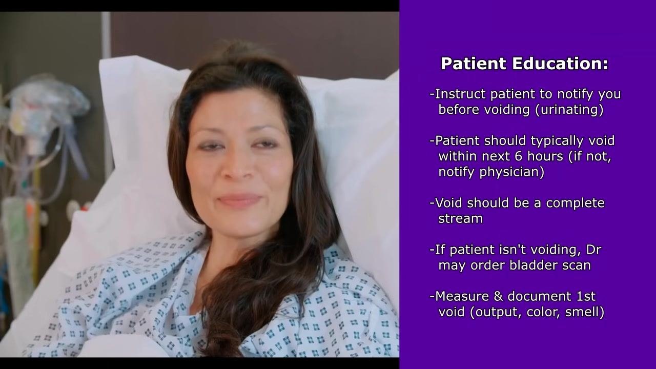 Patient in a hospital bed, smiling, next to Patient Education notes emphasizing notifying staff and using the call light