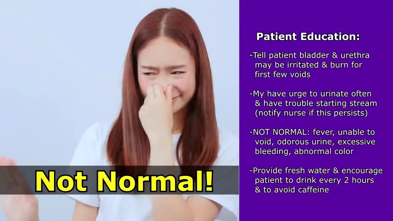 Person holding their nose in discomfort, with bold text reading Not Normal! next to Patient Education notes on abnormal findings and hydration advice