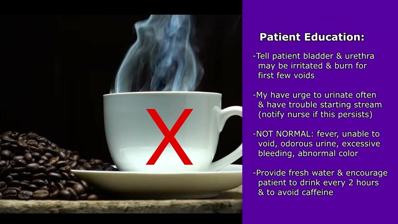 Steaming cup of coffee with a large red X over it, surrounded by coffee beans, next to Patient Education notes: avoid caffeine, drink water every 2 hours