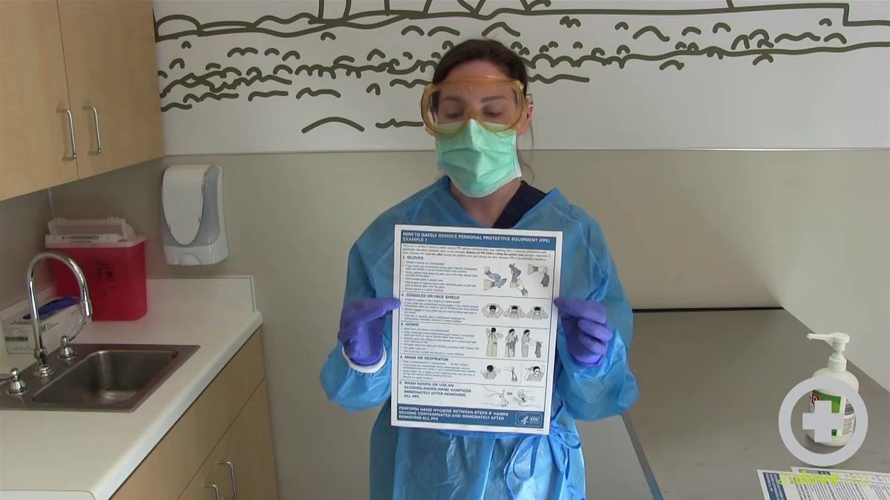 Person wearing full PPE (gown, gloves, mask, goggles) holding a CDC PPE removal instruction sheet in a clinical room, with a sink, sanitizer, red sharps container, wall dispenser, and counter visible.