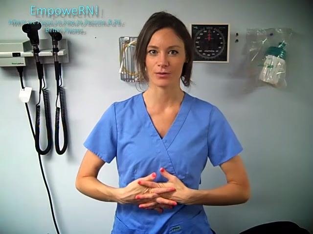 A nurse in blue scrubs stands in a clinical exam room with medical equipment on the wall, demonstrating hand hygiene and wound care preparation. The text "EmpoweRN! Where we Focus on how to Become & BE Better Nurses" is visible in the upper left.