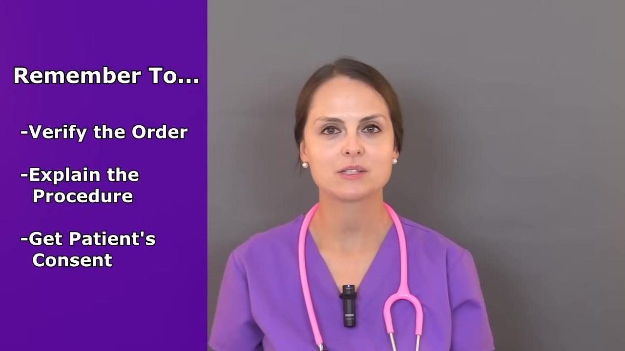 Checklist reading "Remember To... Verify the Order, Explain the Procedure, Get Patient's Consent" beside a nurse in purple scrubs holding a pink stethoscope.