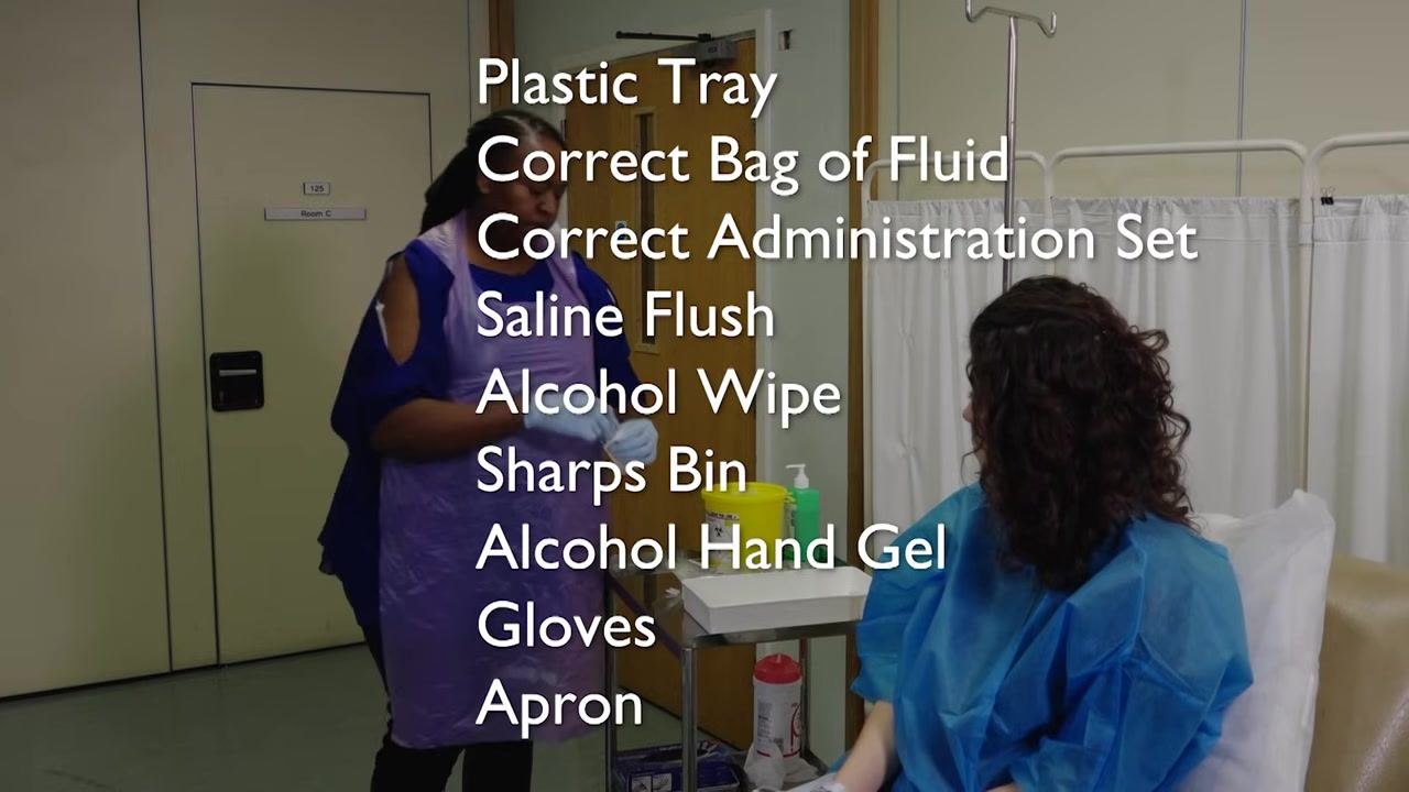 A staff member in gloves and a purple apron holds a fluid bag, visually inspecting it. The text "Check Expiry Date" is overlaid.