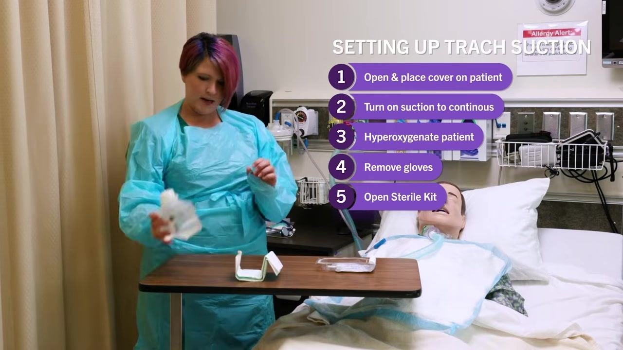 Nurse in blue gown pouring sterile water from a bottle into a container on the sterile field, with the catheter visible in the tray. On-screen checklist: "6. Pour sterile water into container"