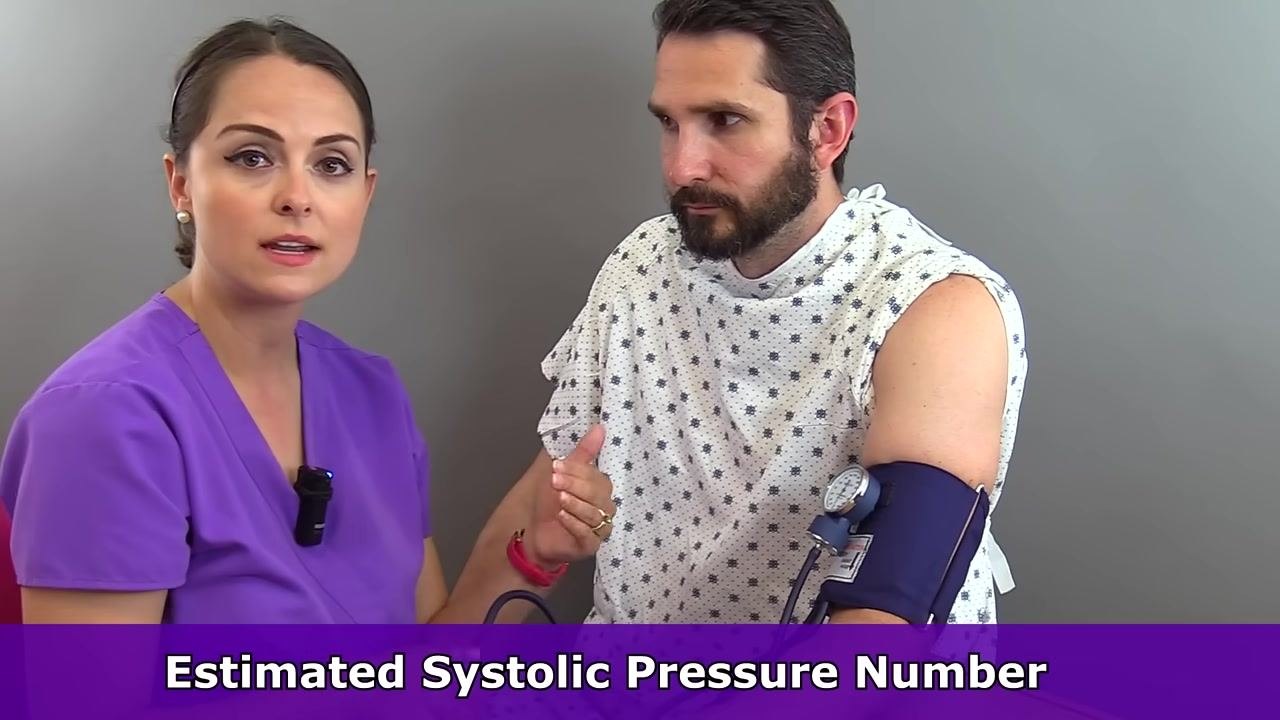Nurse explaining the estimation process, with the cuff on the patient's arm and the gauge visible