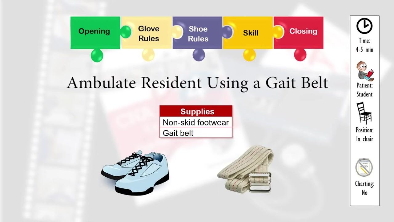 Supplies needed for the procedure, including non-skid footwear and a gait belt, shown with visual icons and a checklist