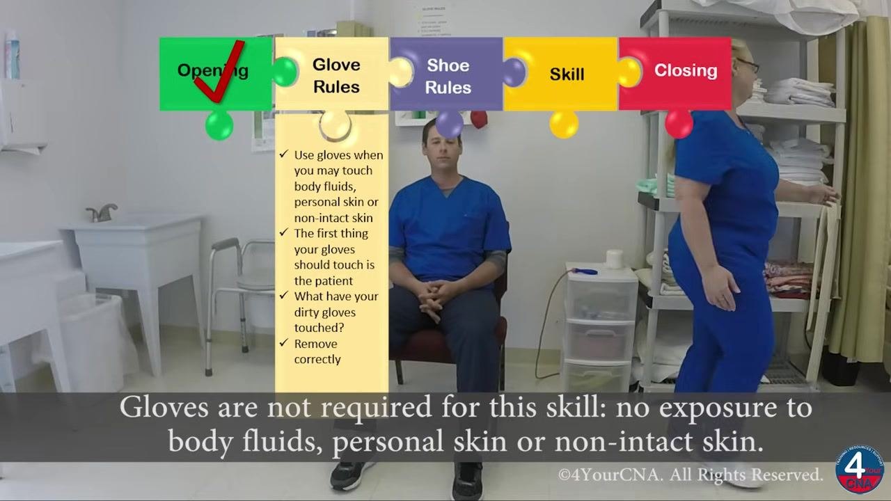Caregiver holding the gait belt while the resident is seated with shoes on, with the shoe rules checklist visible