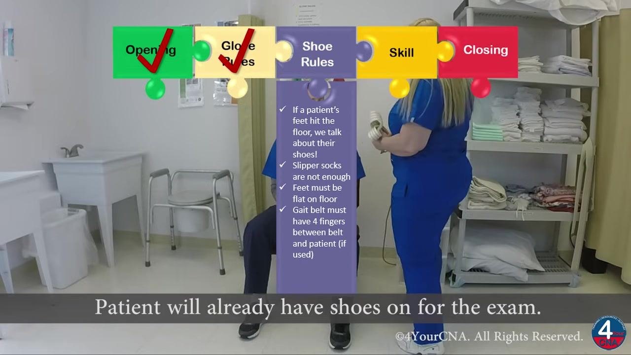 Caregiver and resident preparing to stand, with the gait belt in place and the resident's feet flat and hands positioned