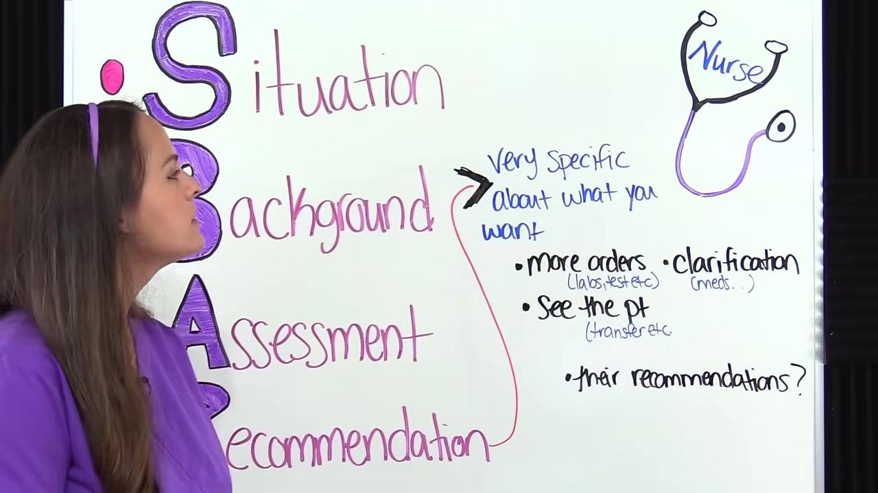 A nurse in purple scrubs points to a whiteboard section labeled "Recommendation," which reads: "Very specific about what you want," with bullet points: "more orders (labs, test etc.)," "clarification (meds.)," "see the pt (transfer etc.)," and "their recommendations?" A stethoscope drawing labeled "Nurse" is visible.