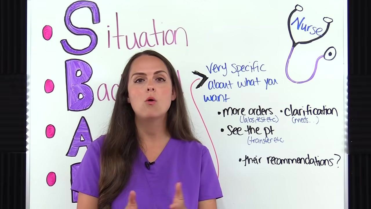 A nurse in purple scrubs stands in front of a whiteboard displaying: "Very specific about what you want" with bullet points: "more orders (labs, test etc.)", "clarification (meds.)", "see the pt (transfer etc.)", and "their recommendations?" A stethoscope drawing labeled "Nurse" is visible.