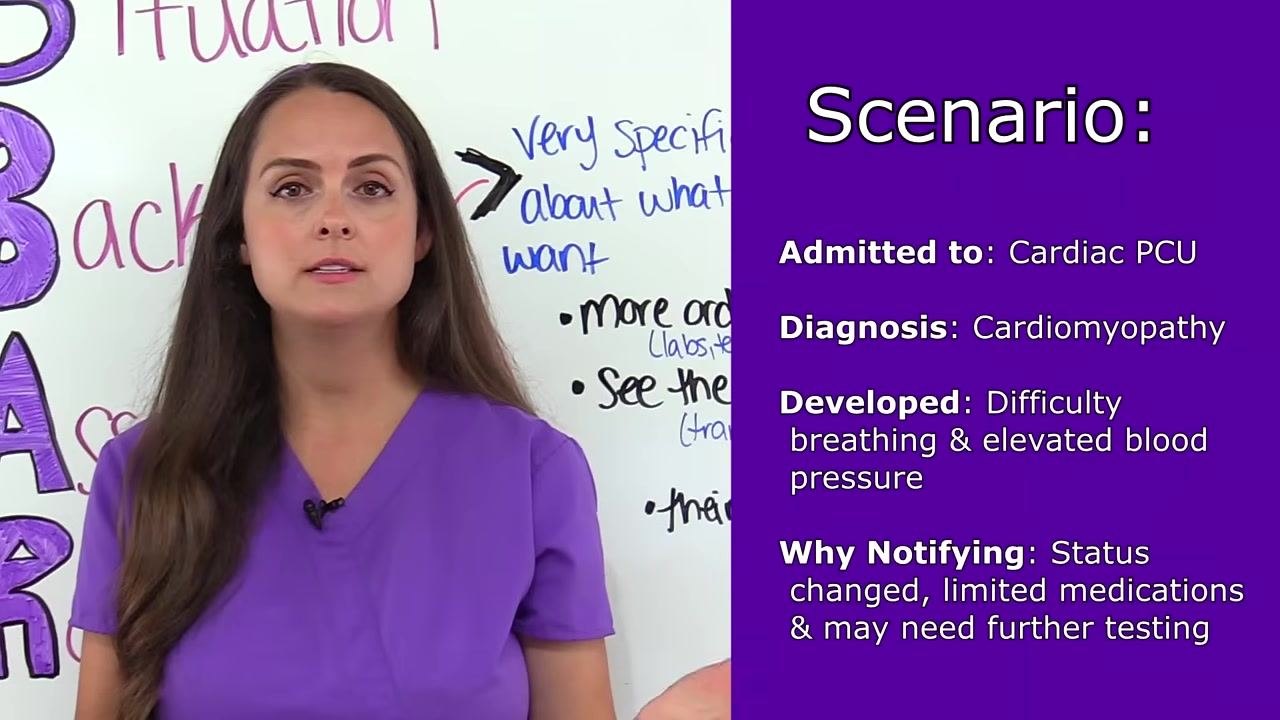 A nurse in purple scrubs stands in front of a whiteboard. The right side of the screen displays a purple box with the scenario text: "Admitted to: Cardiac PCU", "Diagnosis: Cardiomyopathy", "Developed: Difficulty breathing & elevated blood pressure", "Why Notifying: Status changed, limited medications & may need further testing".