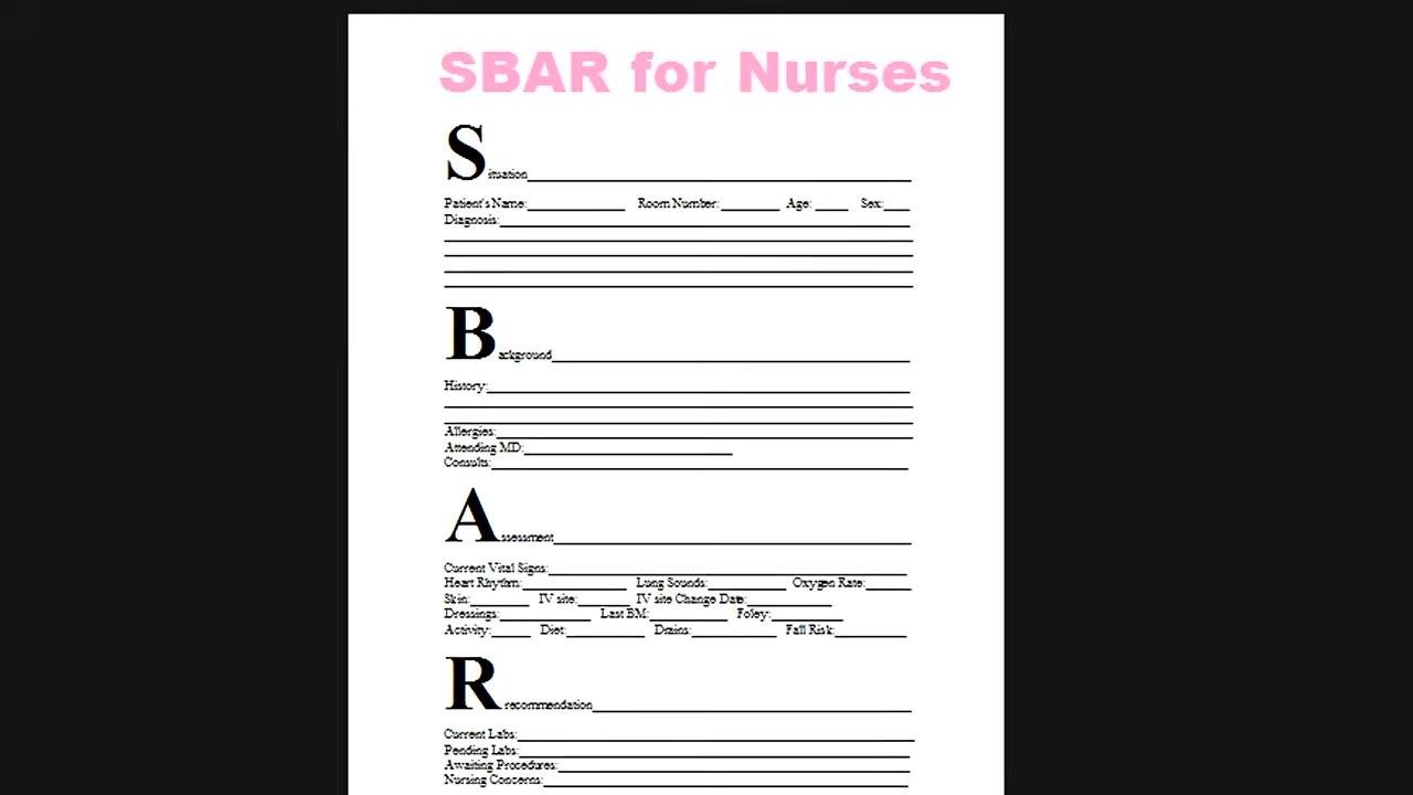 A printed SBAR for Nurses template divided into four sections: Situation (Patient Name, Room Number, Age, Sex, Diagnosis), Background (History, Allergies, Attending MD, Consults), Assessment (Current Vital Signs, Heart Rhythm, Lung Sounds, Oxygen Rate, Skin, IV site, Dressings, Activity, Diet, Drains, Fall Risk, etc.), and Recommendation (Current Labs, Pending Labs, Awaiting Procedures, Nursing Concerns). The template is titled "SBAR for Nurses" in pink at the top.