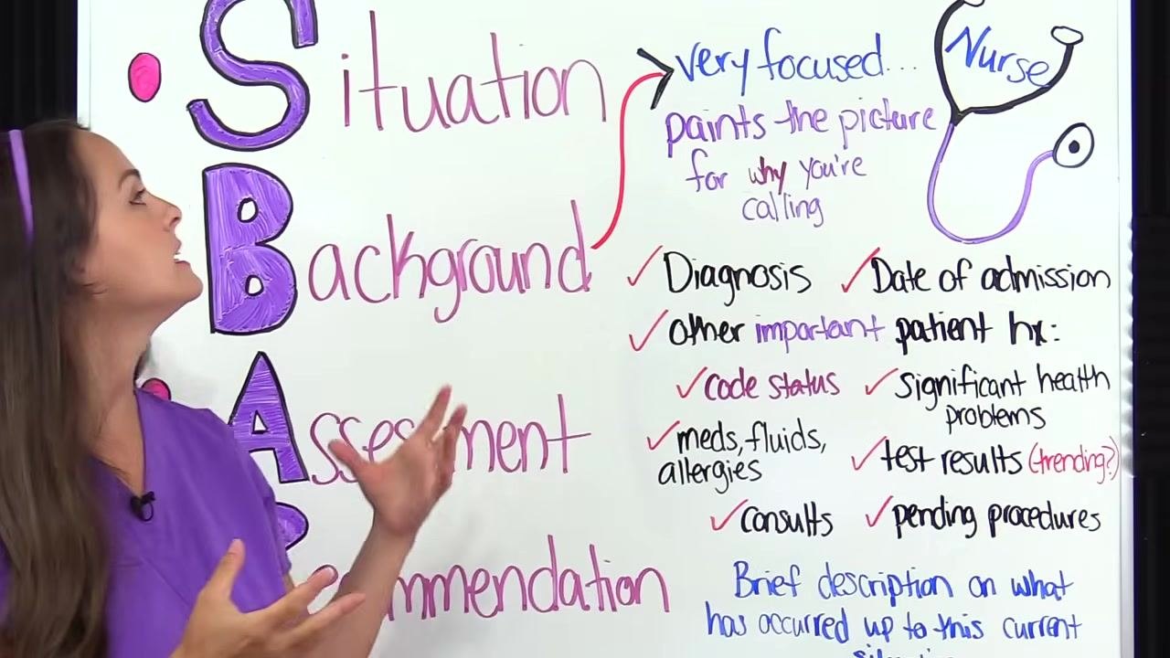 A nurse in purple scrubs stands next to a whiteboard with "SBAR" written vertically. Under "Situation," the board lists: "Why you're calling," "Say Hello, Dr. ___," "Identify yourself & unit," "State pt's name & Room #," and "Reason for calling," with colorful handwritten notes and a stethoscope drawing labeled "Nurse."