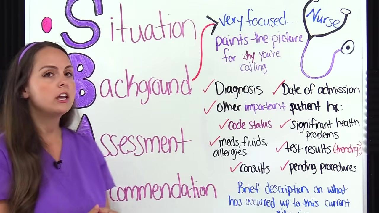 Nurse in purple scrubs stands by the whiteboard, which highlights "Diagnosis," "Date of admission," and other background items with checkmarks.