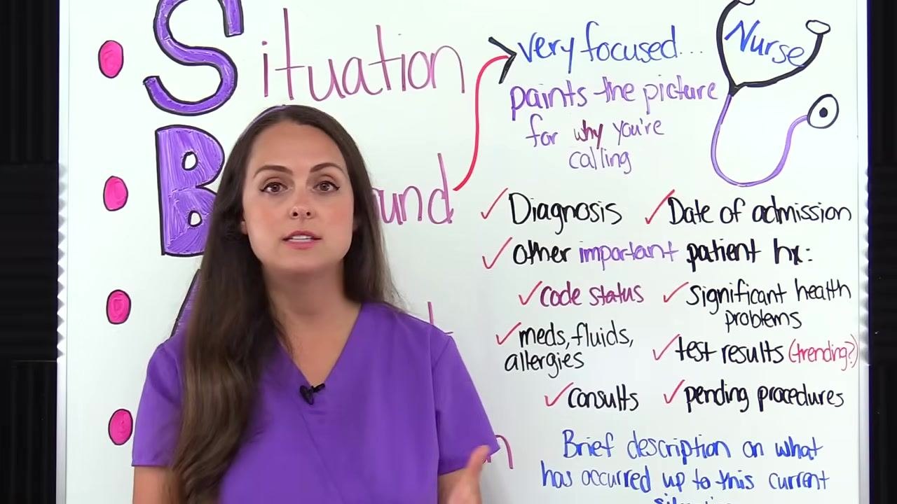 Nurse in purple scrubs stands by the whiteboard, which lists "Code status," "Significant health problems," and other background items.