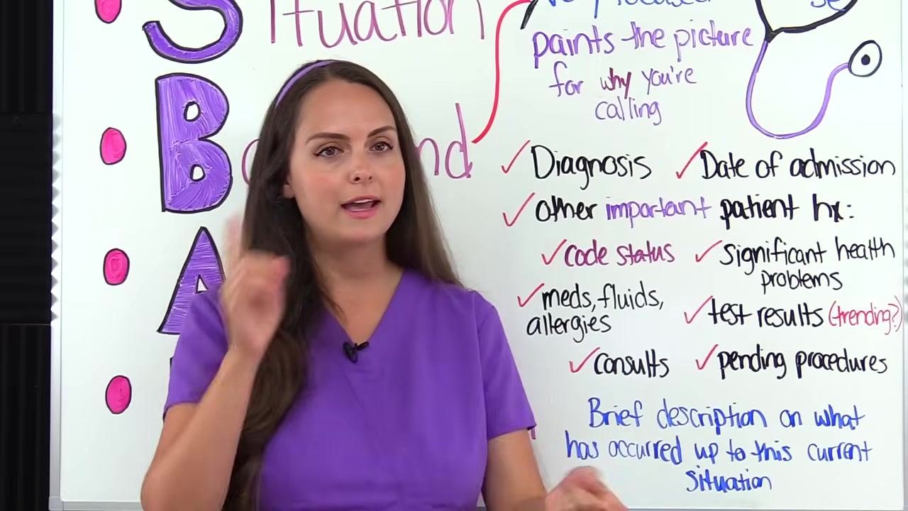Nurse in purple scrubs stands by the whiteboard, which lists "Test results (trending)," "Pending procedures," and other background items.