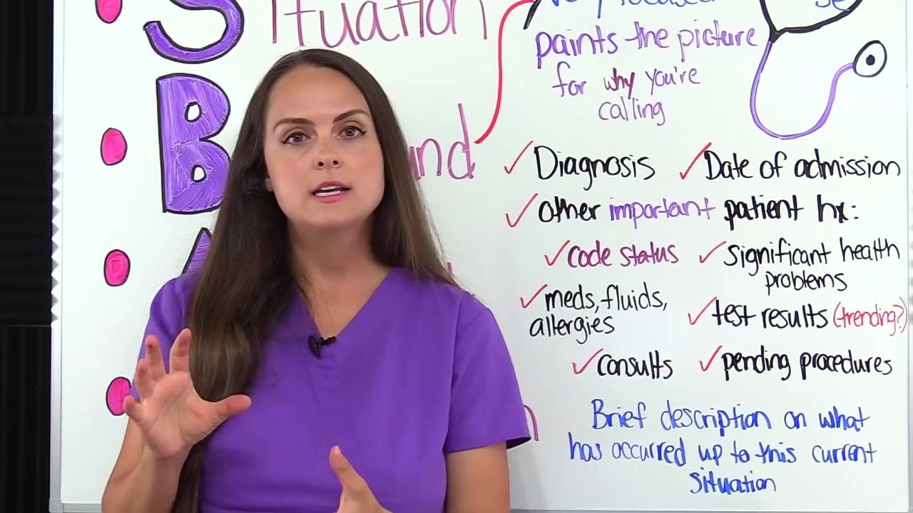 A nurse in purple scrubs gestures toward a whiteboard section labeled "Assessment," which reads: "What you assessed & think?!", "Explain what you think is going on", "Provide assessment findings + current vitals etc.", "Resp, cardiac, neuro issue?", "Don't know? Say: worried, deteriorating, unstable, changed".