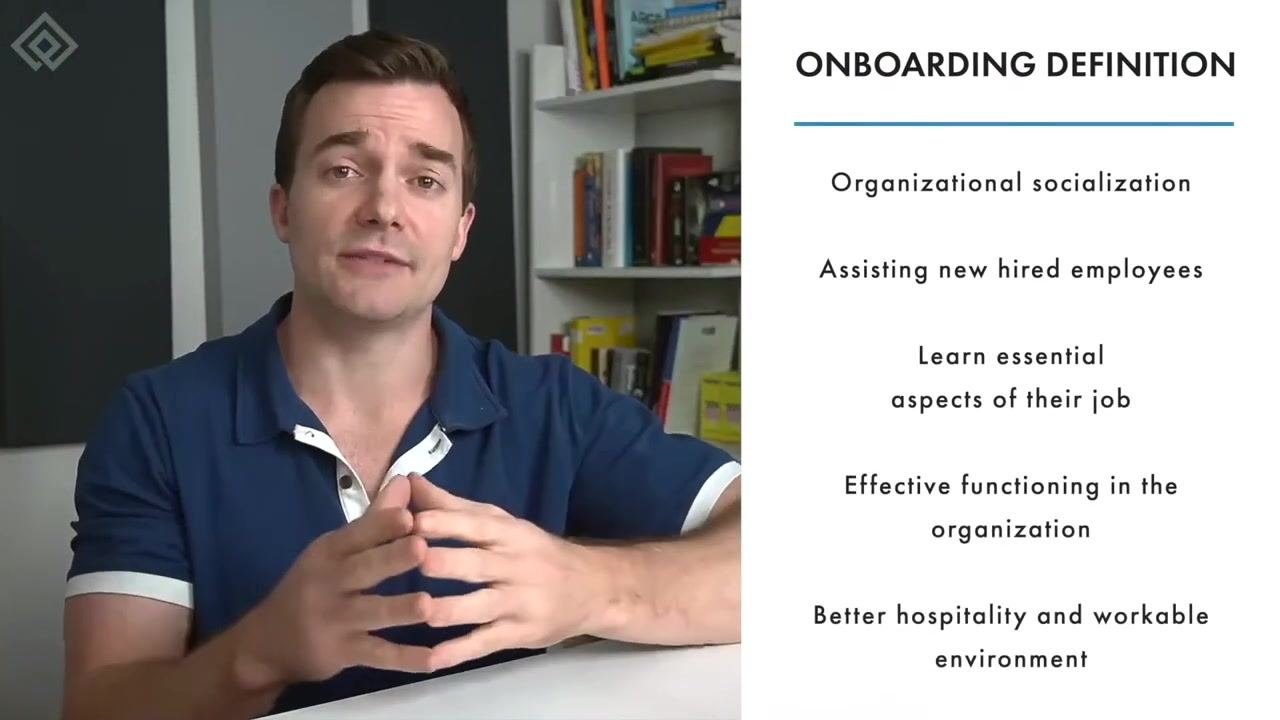 Slide titled "Onboarding Definition" listing organizational socialization, assisting newly hired employees, learning essential aspects of the job, effective functioning in the organization, and better hospitality and workable environment.