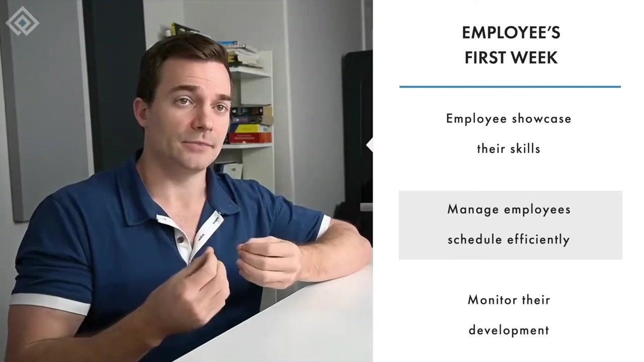 Slide titled "Employee's First Week" with the schedule-management step highlighted.