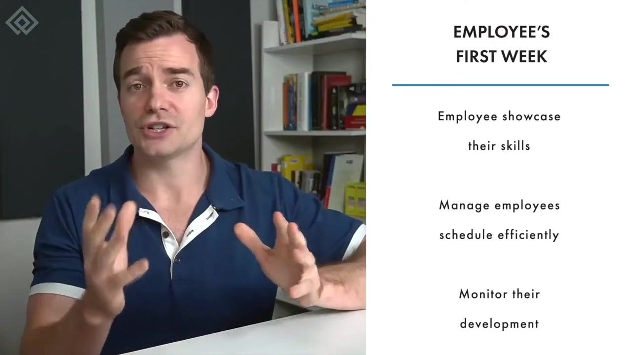 Slide titled "Employee's First Week" listing letting the employee showcase their skills, managing the employee's schedule efficiently, and monitoring their development.