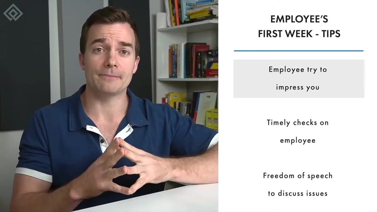 Slide titled "Employee's First Week - Tips" with the point about employees trying to impress you highlighted.