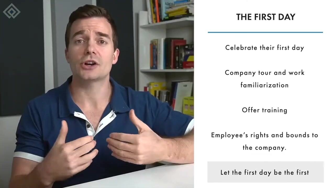 Summary slide recapping all first day steps: celebrating the day, company tour, offering training, discussing rights and benefits, and keeping the day as an introduction.