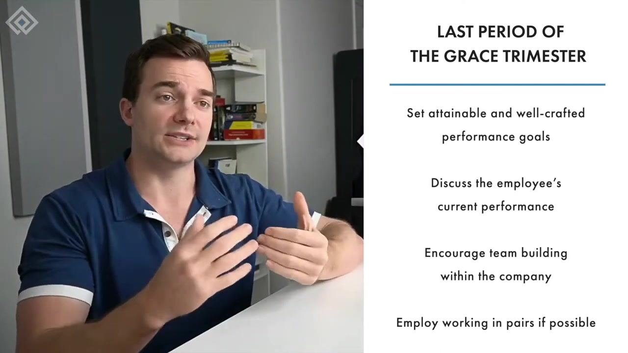 Slide titled "Last Period of the Grace Trimester" listing setting attainable and well-crafted performance goals.