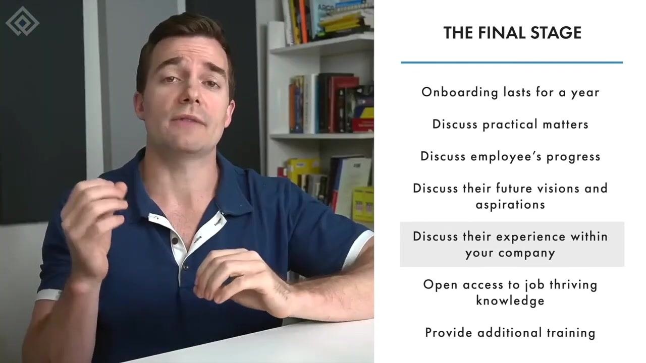 Slide titled "The Final Stage" listing onboarding lasting a year, discussing practical matters, discussing progress, discussing future visions and aspirations, and discussing the employee's experience within the company, which is highlighted.