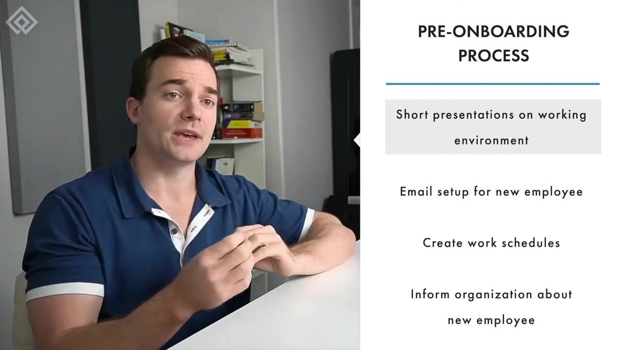Slide titled "Pre-onboarding Process" listing short presentations on the working environment, email setup for the new employee, creating work schedules, and informing the organization about the new employee.