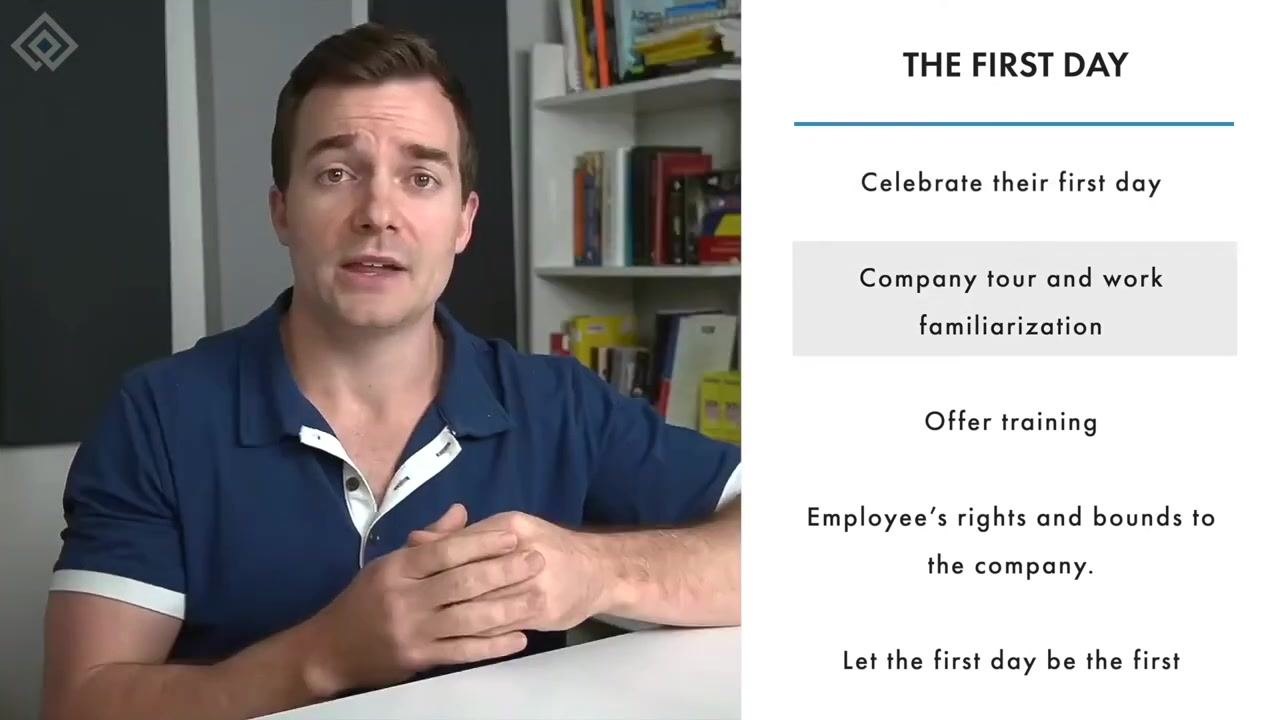 Slide highlighting the company tour and work familiarization step of the first day agenda.