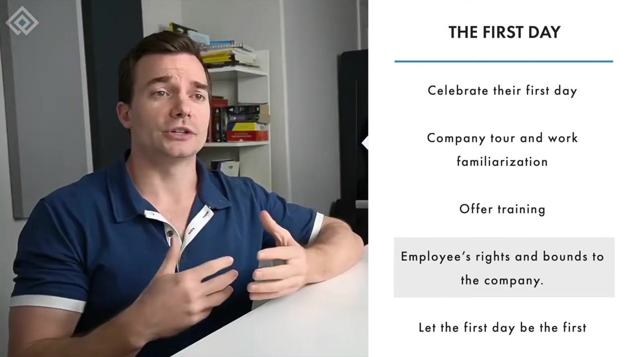 Slide highlighting employee rights and company obligations as part of the first day agenda.