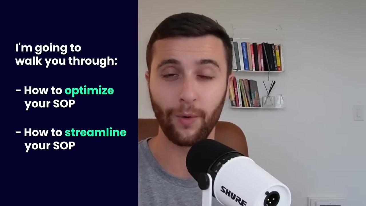 A person speaking into a microphone, with the text "I'm going to walk you through: - How to optimize your SOP" on the left side of the screen. Bookshelves are visible in the background.