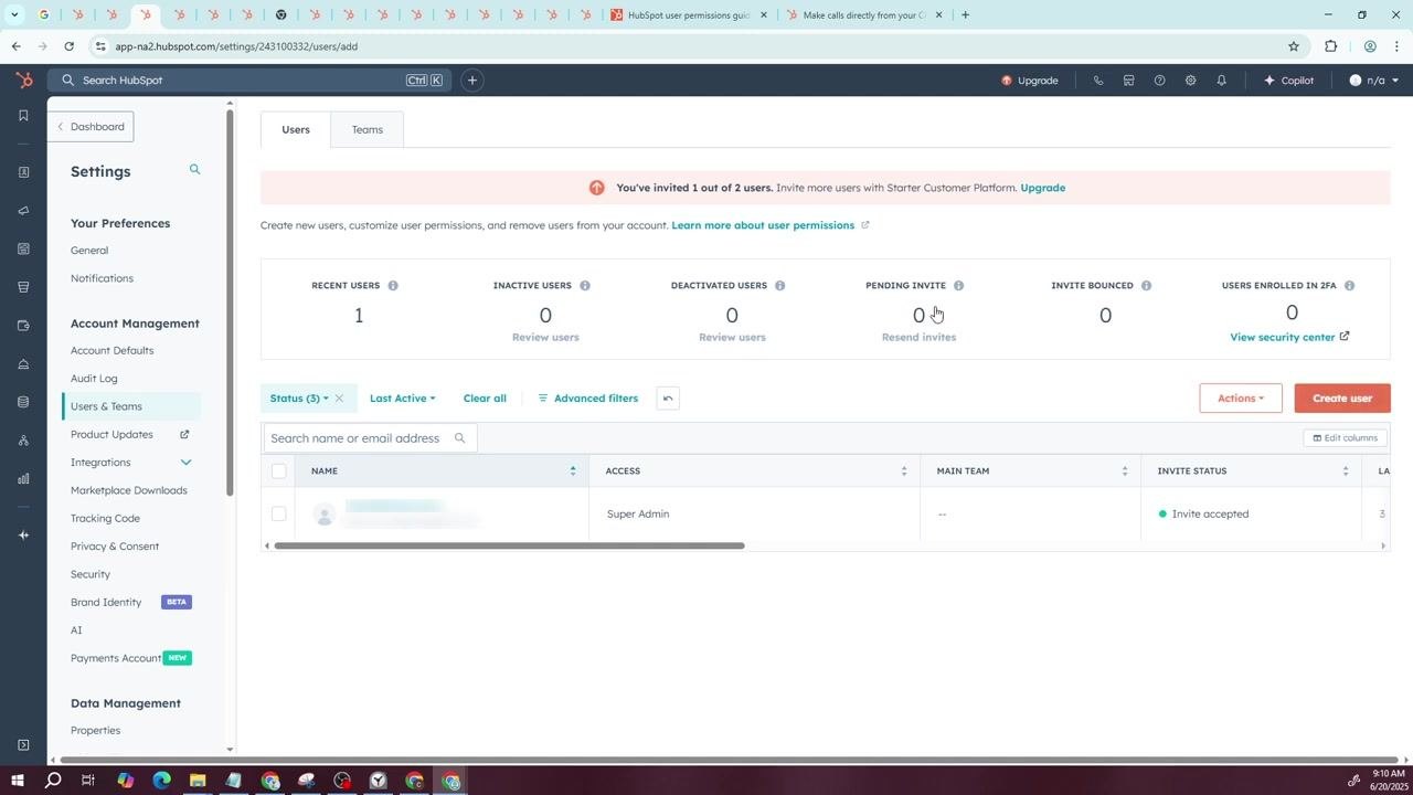 HubSpot Users & Teams management screen with the "Create user" button visible