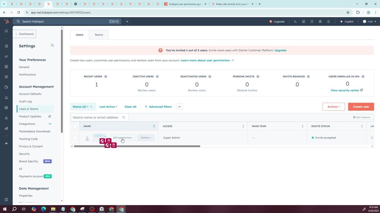 Cursor hovering over the "Edit permissions" option for a user in the Users & Teams list