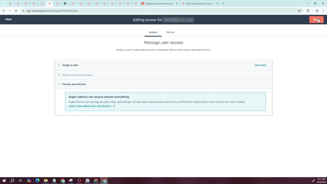 Manage user access screen with the cursor on the "Save" button, ready to apply changes