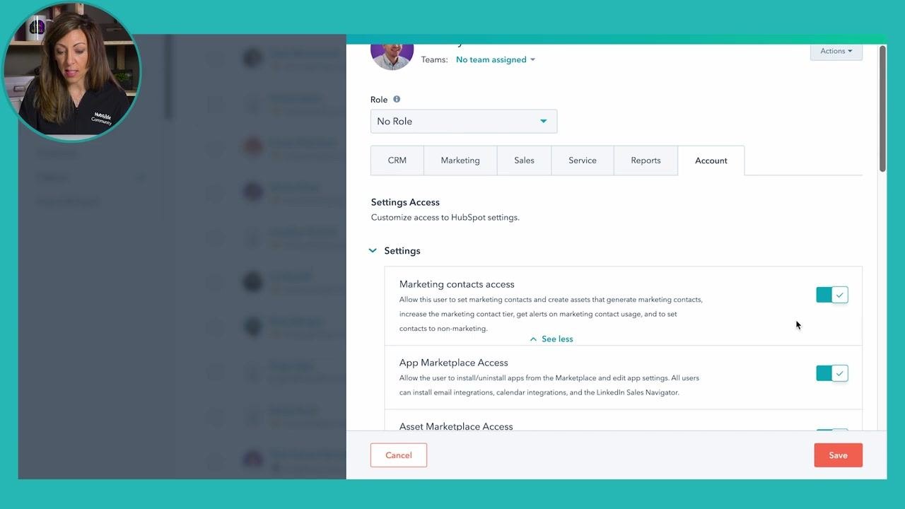 HubSpot user permissions screen with the Account tab open, the Marketing contacts access toggle enabled, and the Save and Cancel buttons visible.