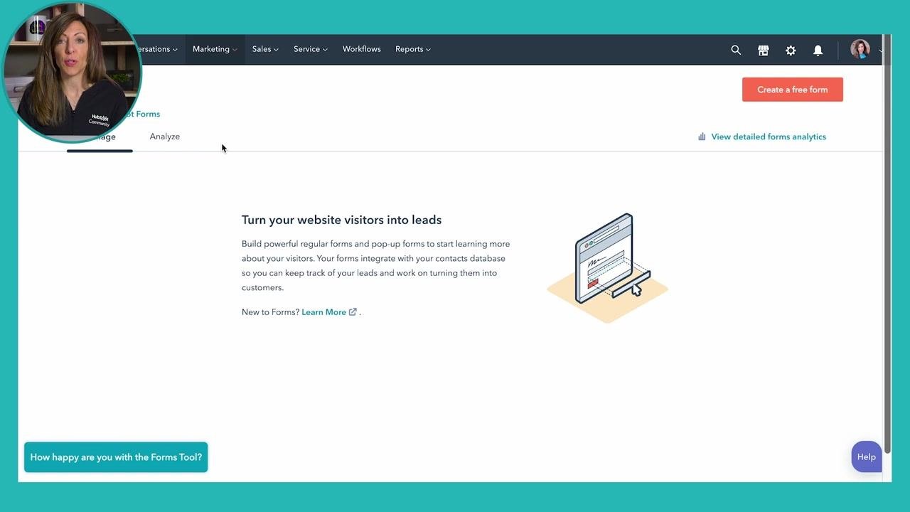 HubSpot Forms dashboard featuring the Create a free form option, a section titled Turn your website visitors into leads, and a graphic representing a web form.