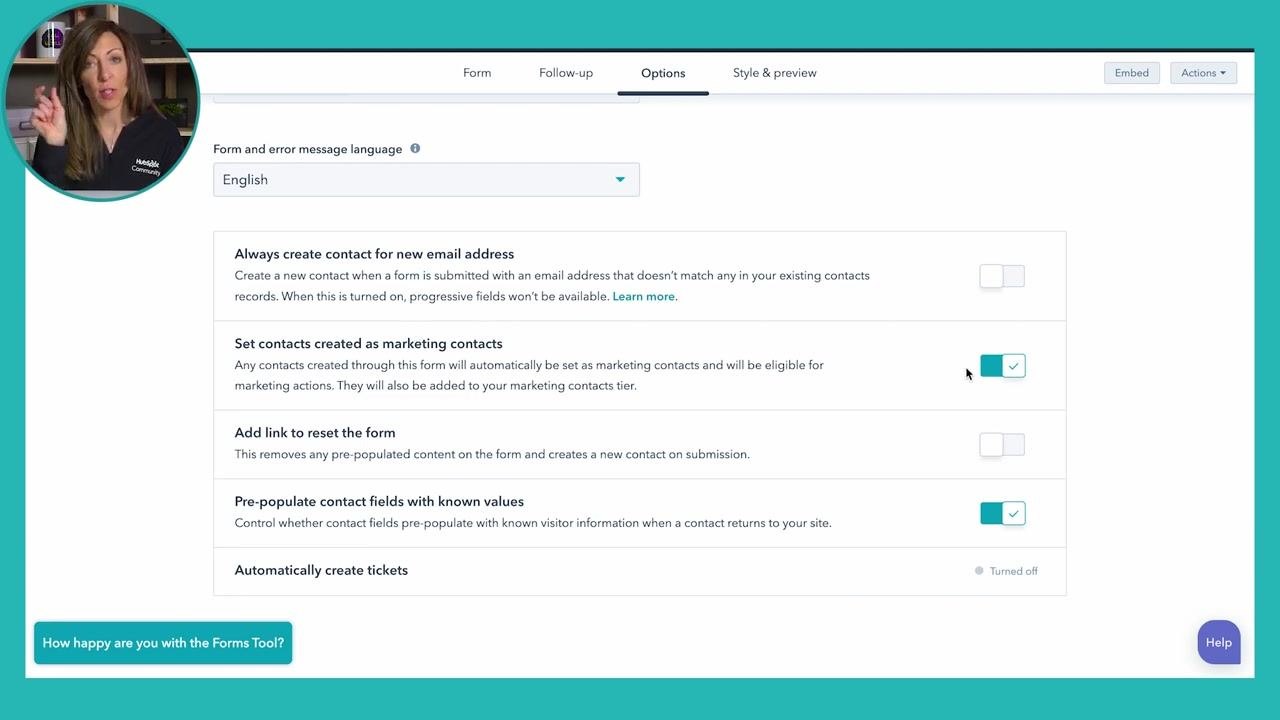 HubSpot form editor with the Options tab selected. The Set contacts created as marketing contacts toggle is enabled, shown in blue with a checkmark. Other visible options include Always create contact for new email address and Pre-populate contact fields with known values.