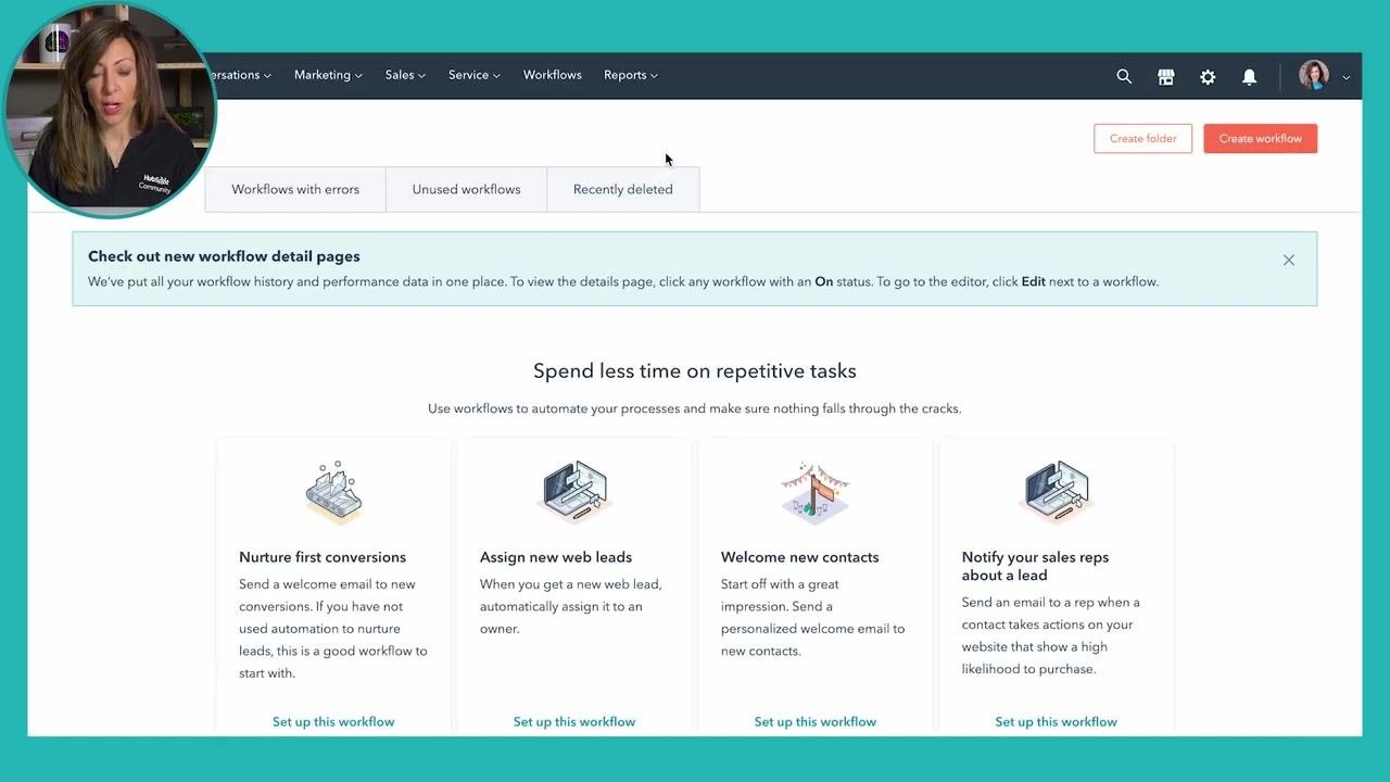 HubSpot workflow creation screen with Contact-based workflow selected and Blank workflow chosen as the starting type. Other visible options include Company-based, Deal-based, and Ticket-based.