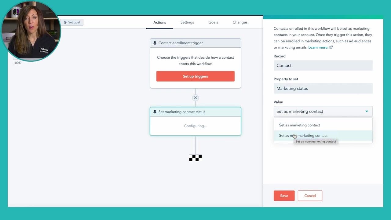 Workflow editor showing the configuration panel for marketing contact status, with a dropdown for Set as marketing contact or Set as non-marketing contact, and the Save and Cancel buttons visible.