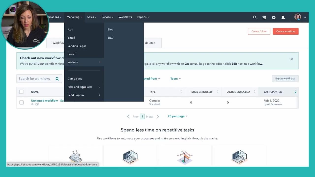 HubSpot dashboard with the Marketing menu expanded, showing the navigation path to Website, Lead Capture, and Forms.