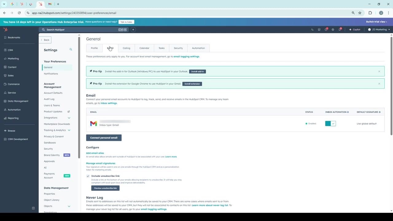 HubSpot settings page with the "General" section expanded and the "Email" tab selected, showing email integration options