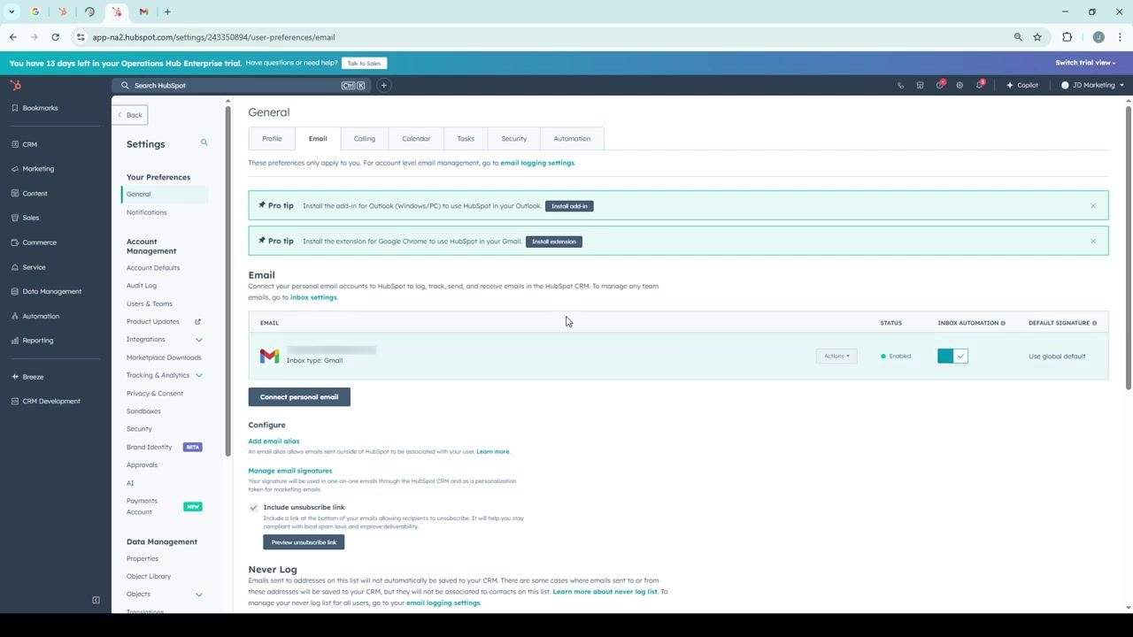 Pop-up window in HubSpot with the "Connect your inbox" button highlighted, ready to proceed to Gmail selection