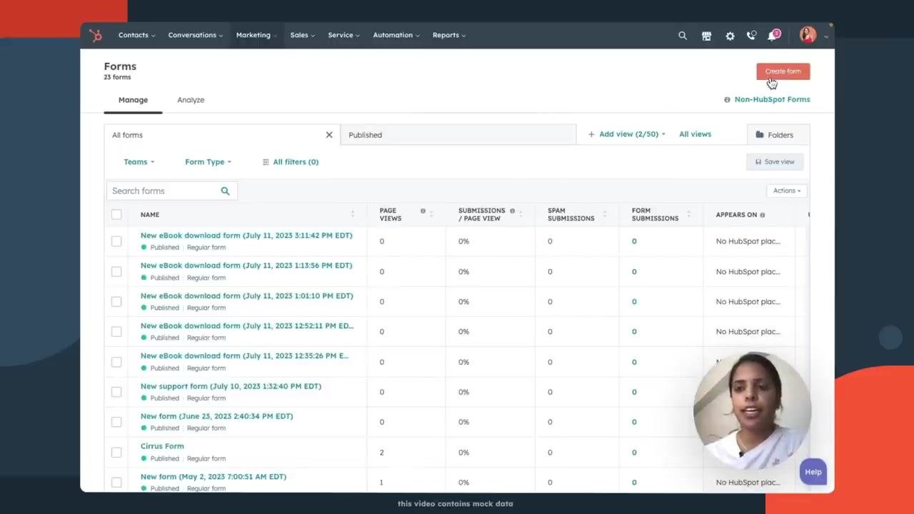 Forms management page with the Create form button highlighted