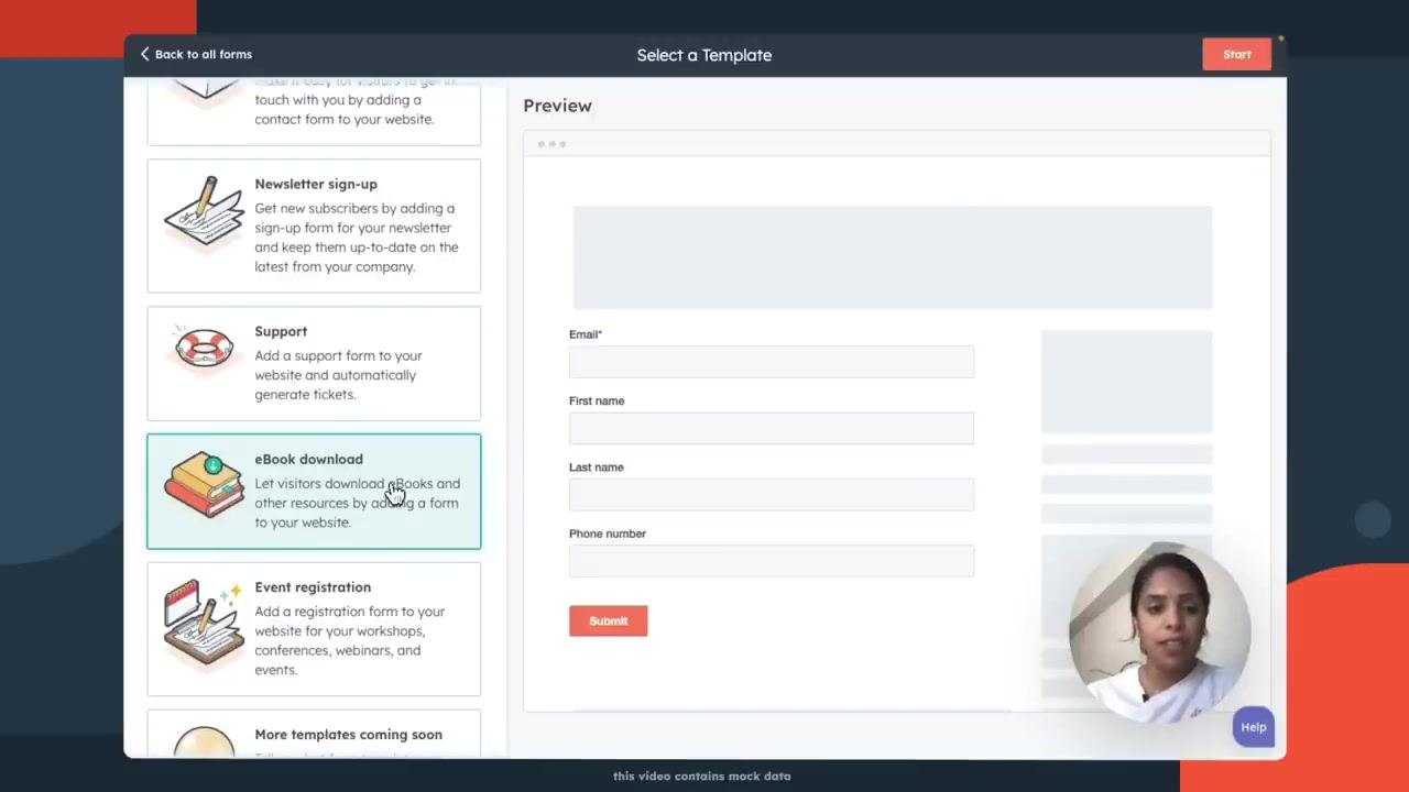 Template selection screen with the eBook download template highlighted and the Start button visible