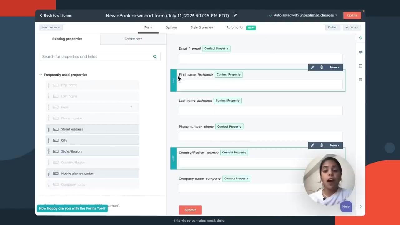 Form editor showing fields for Email, First name, Last name, Phone number, Country/Region, and Company name